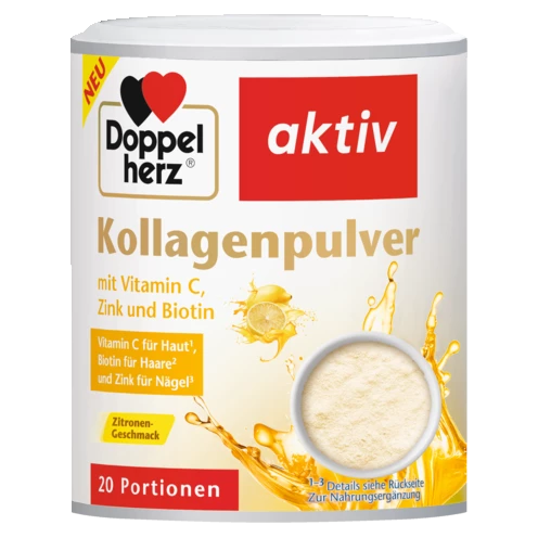Abbildung der Produktverpackung Doppelherz aktiv Kollagenpulver Zitrone Frontansicht
